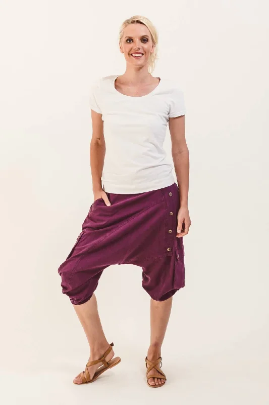 Linen Women Shorts for Breathable Comfort in Hot WeatherShort Drop Crotch Pants - Wine