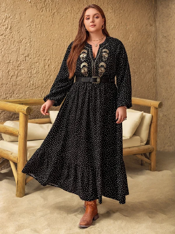 Printed Bodysuits with Floral Patterns for a Feminine VibePlus Size Embroidered Polka Dot Notched Long Sleeve Dress