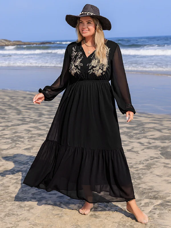 Sheer Bodysuits for a Seductive and Alluring OutfitPlus Size Embroidered Tie Neck Long Sleeve Dress