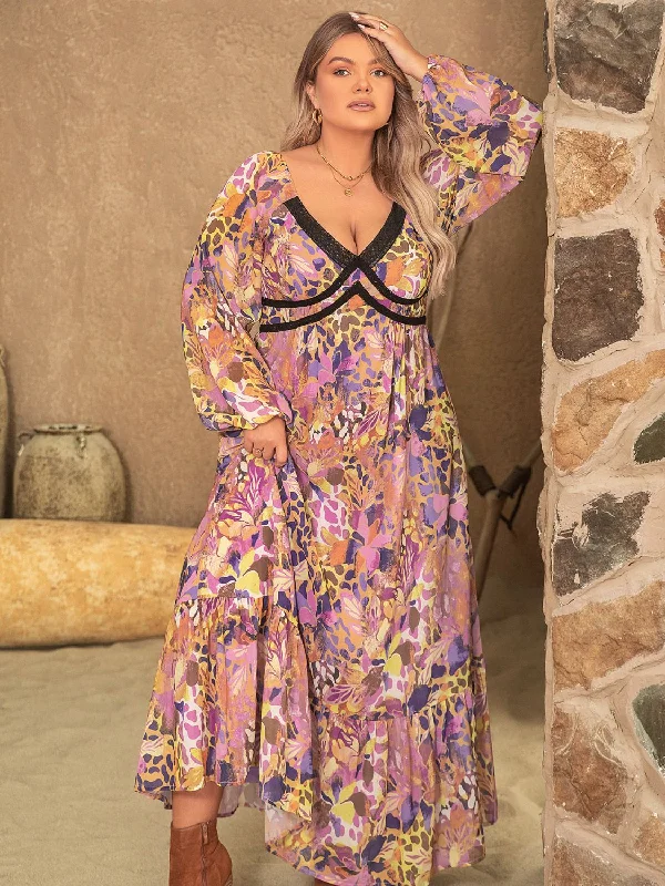 Convertible Straps Bodysuits for Multiple Styling OptionsPlus Size Lace Detail Printed V-Neck Long Sleeve Midi Dress