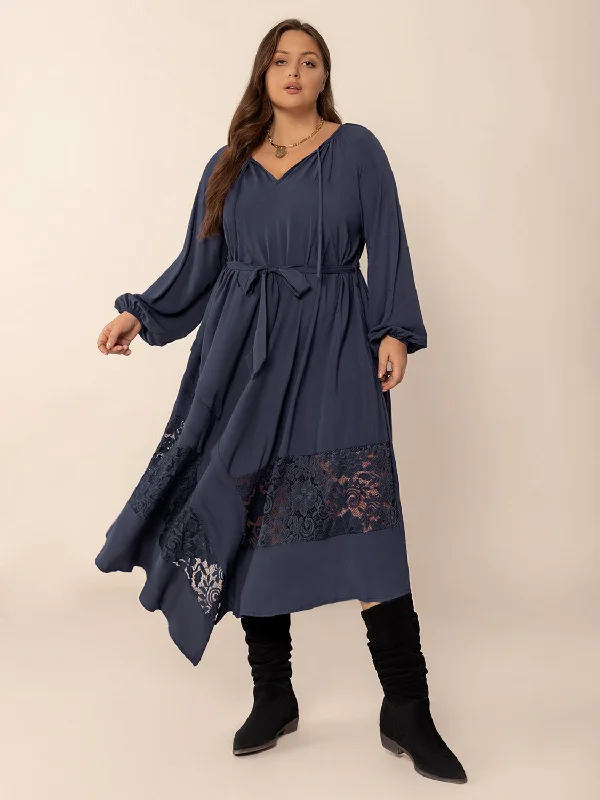 Organic Cotton Bodysuits for an Eco - Friendly and Comfortable OptionPlus Size Lace Detail Tie Neck Long Sleeve Midi Dress