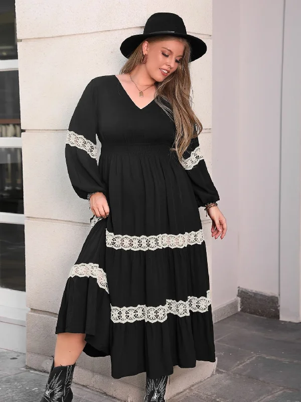 Ruffled Bodysuits with a Playful and Feminine TouchPlus Size Lace Detail V-Neck Long Sleeve Midi Dress