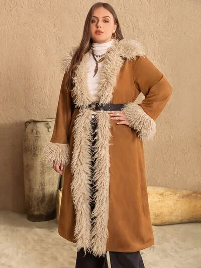 High - Neck Bodysuits for a Modest and Sophisticated LookPlus Size Furry Trim Open Front Long Sleeve Coat